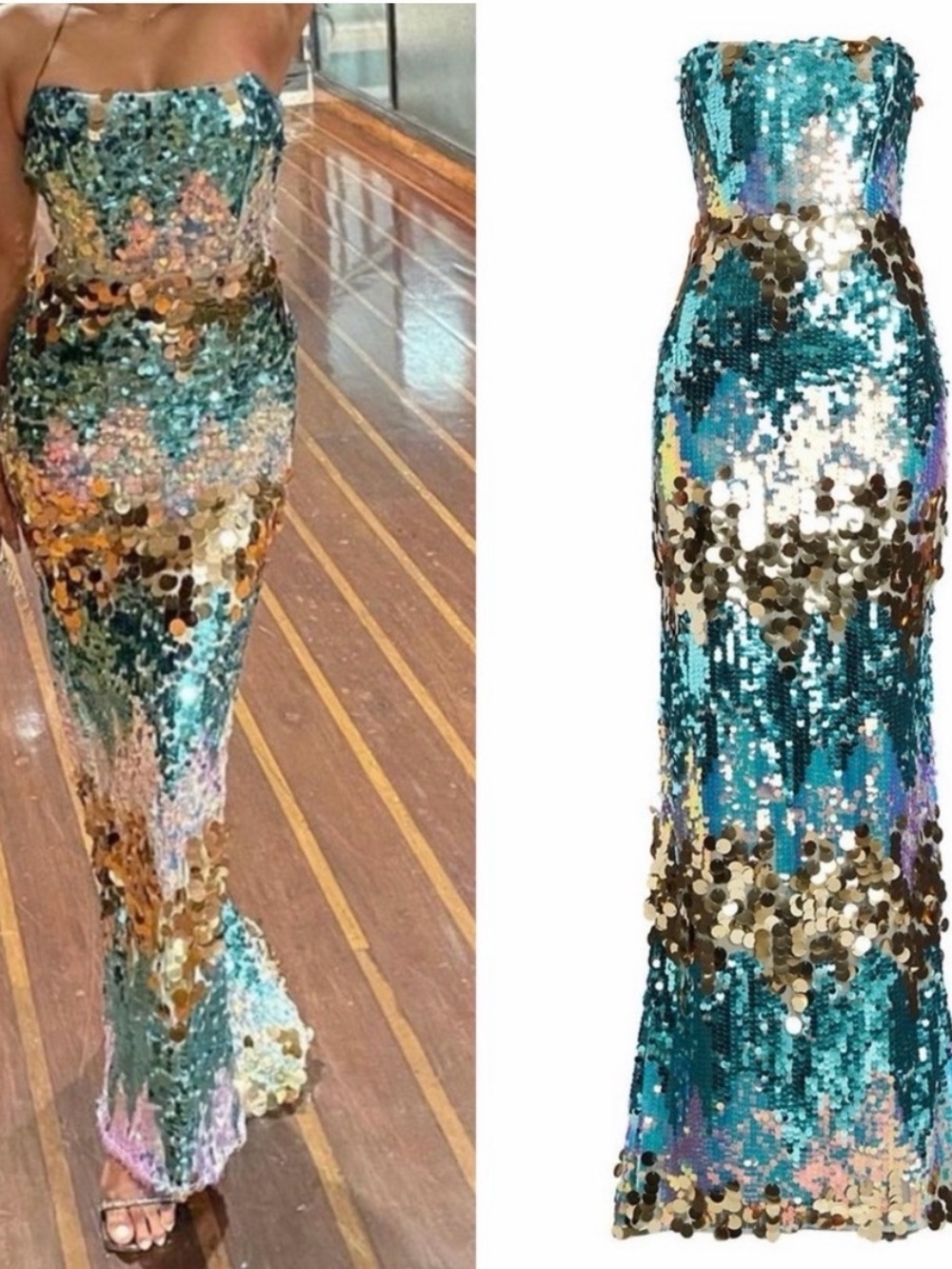 Bronx and Banco Blue and Gold Sequin Gown Dress